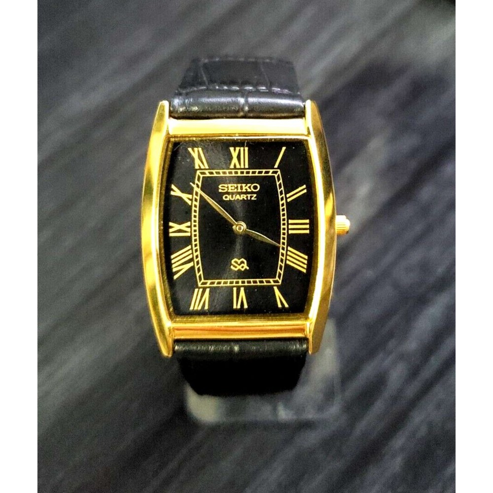 RARE Vintage Seiko New Old Stock Men's Classic Tank Barrel‎ Gold Black Wa…